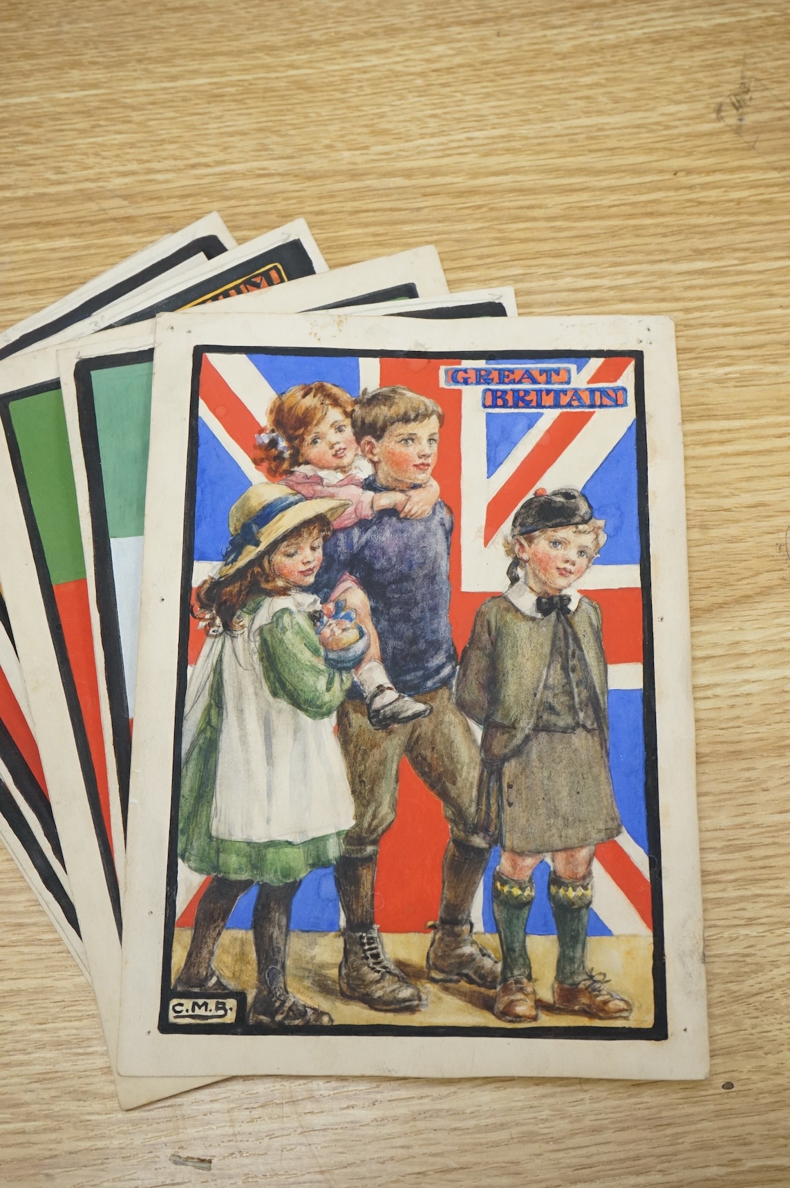 Cicely Mary Barker (1895-1973), a set of eight original watercolours for children's postcard designs, WWI Children of our Allies, to include Great Britain, France and Belgium, each initialled, unframed, 23 x 16cm